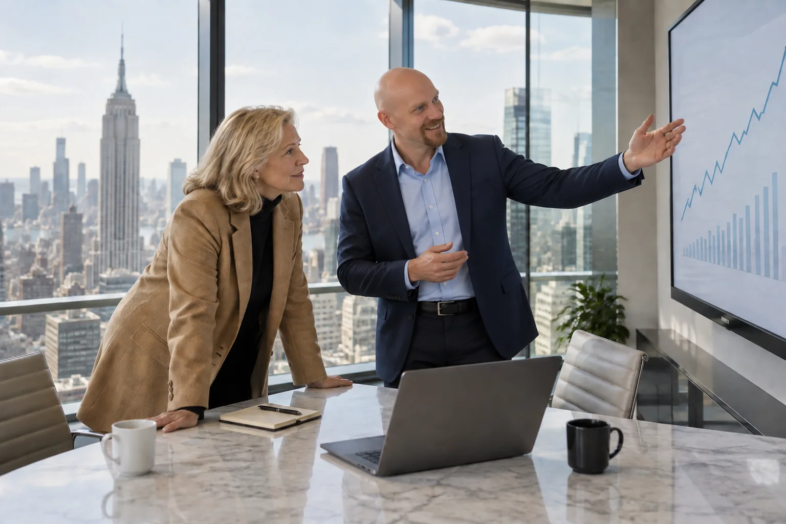 Joel Iverlöv walking a founder through campaign results on a wall screen