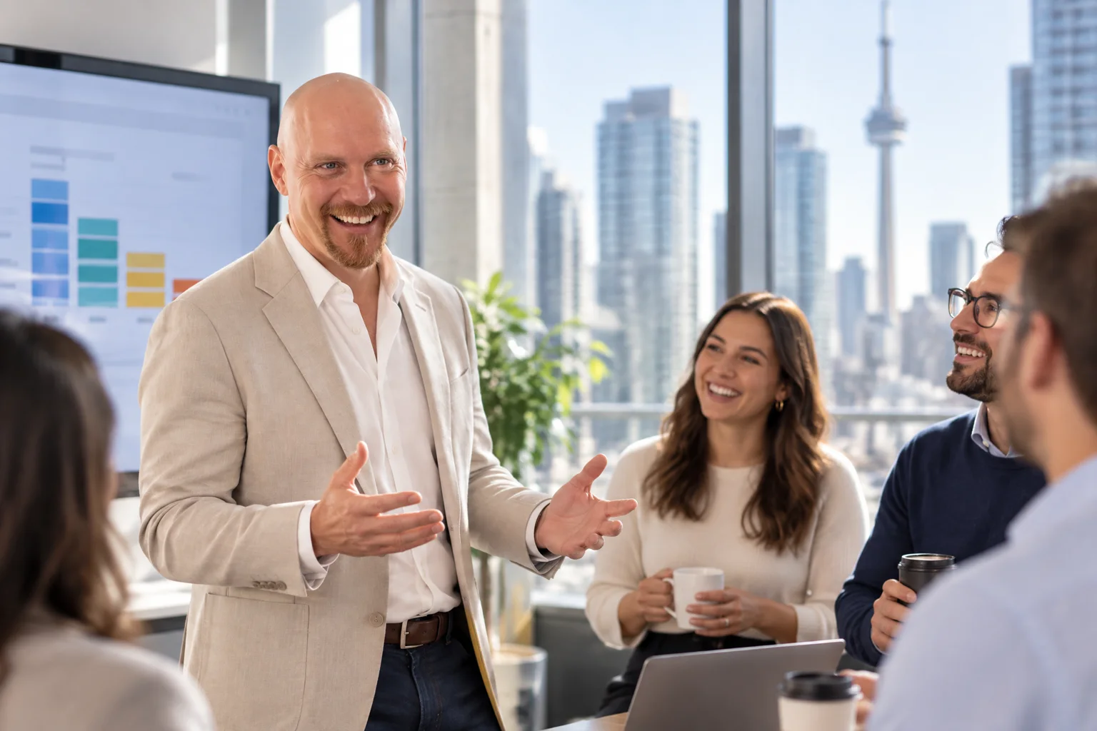 Joel Iverlöv leading a sales team stand-up in front of a pipeline screen